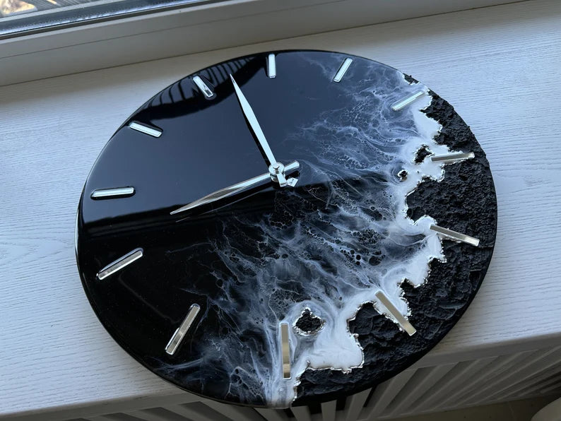Custom Resin Art Wall Clock – Black Sea Design – Handmade Ocean-Inspired Clock for Unique Home Decor, Wedding Gift, or Personalized Nautical Wall Art