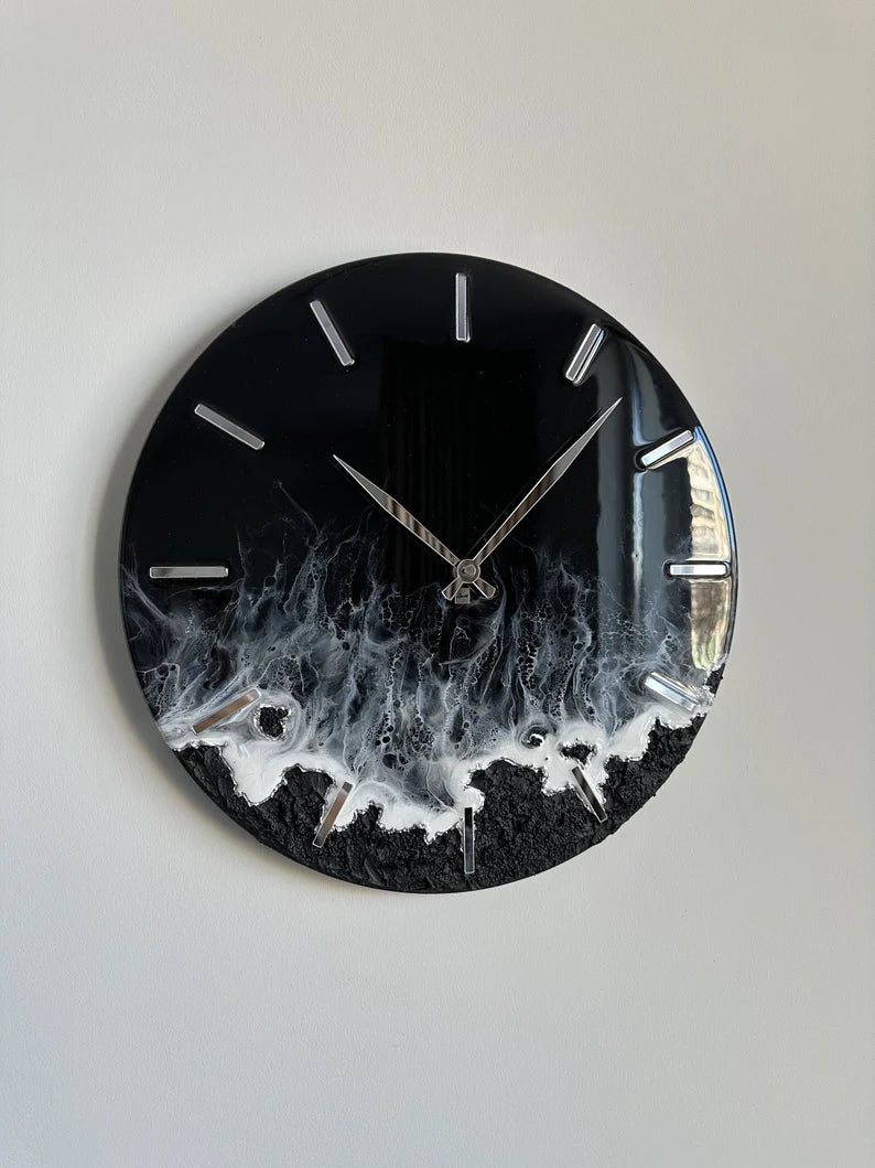 Custom Resin Art Wall Clock – Black Sea Design – Handmade Ocean-Inspired Clock for Unique Home Decor, Wedding Gift, or Personalized Nautical Wall Art