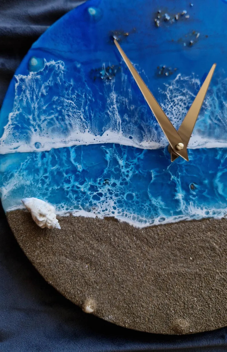 Handmade Ocean Resin Wall Clock with Real Sand, Shells & Turtle – Beach Themed Coastal Decor – Nautical Sea Life Art for Home, Office, or Beach House