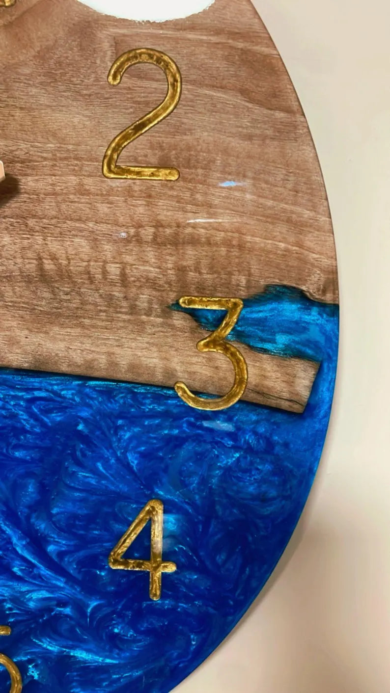 Custom Made Large Epoxy Wall Clock – Natural Sheesham Wood Live Edge Design – Modern Resin Art with Number Markers – Unique Housewarming Gift Decor