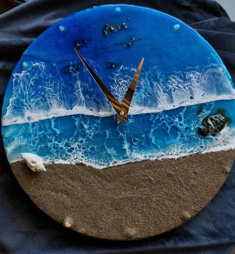 Handmade Ocean Resin Wall Clock with Real Sand, Shells & Turtle – Beach Themed Coastal Decor – Nautical Sea Life Art for Home, Office, or Beach House