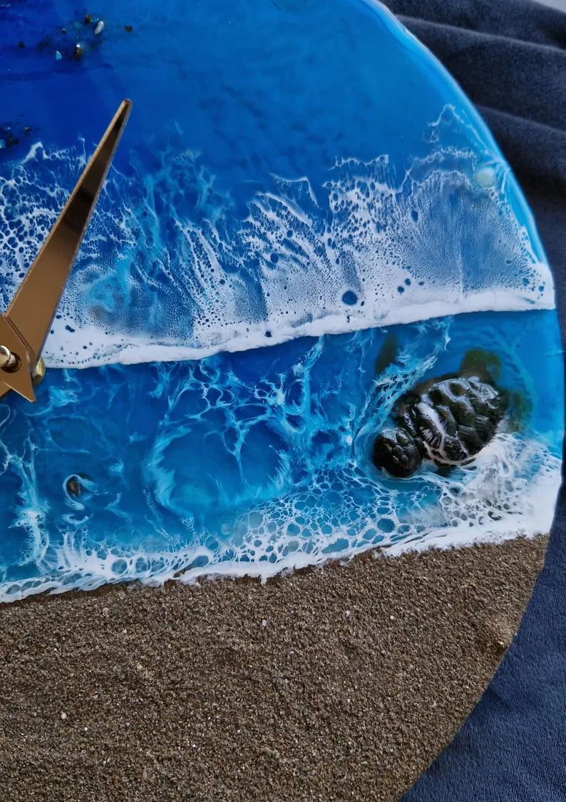 Handmade Ocean Resin Wall Clock with Real Sand, Shells & Turtle – Beach Themed Coastal Decor – Nautical Sea Life Art for Home, Office, or Beach House