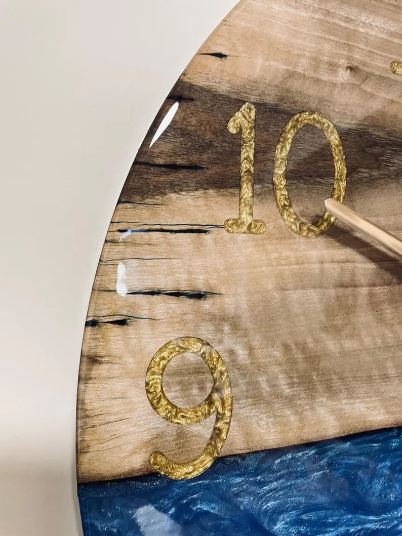 Custom Made Large Epoxy Wall Clock – Natural Sheesham Wood Live Edge Design – Modern Resin Art with Number Markers – Unique Housewarming Gift Decor