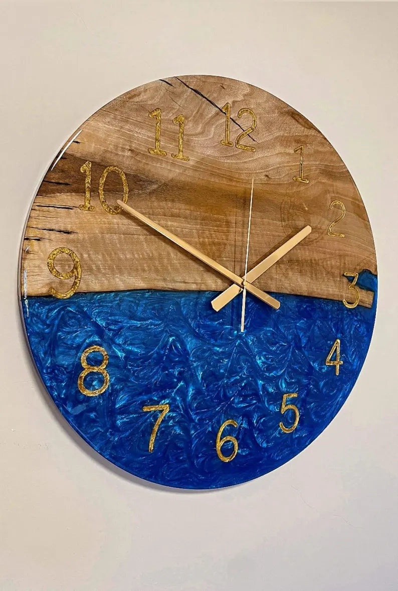 Custom Made Large Epoxy Wall Clock – Natural Sheesham Wood Live Edge Design – Modern Resin Art with Number Markers – Unique Housewarming Gift Decor