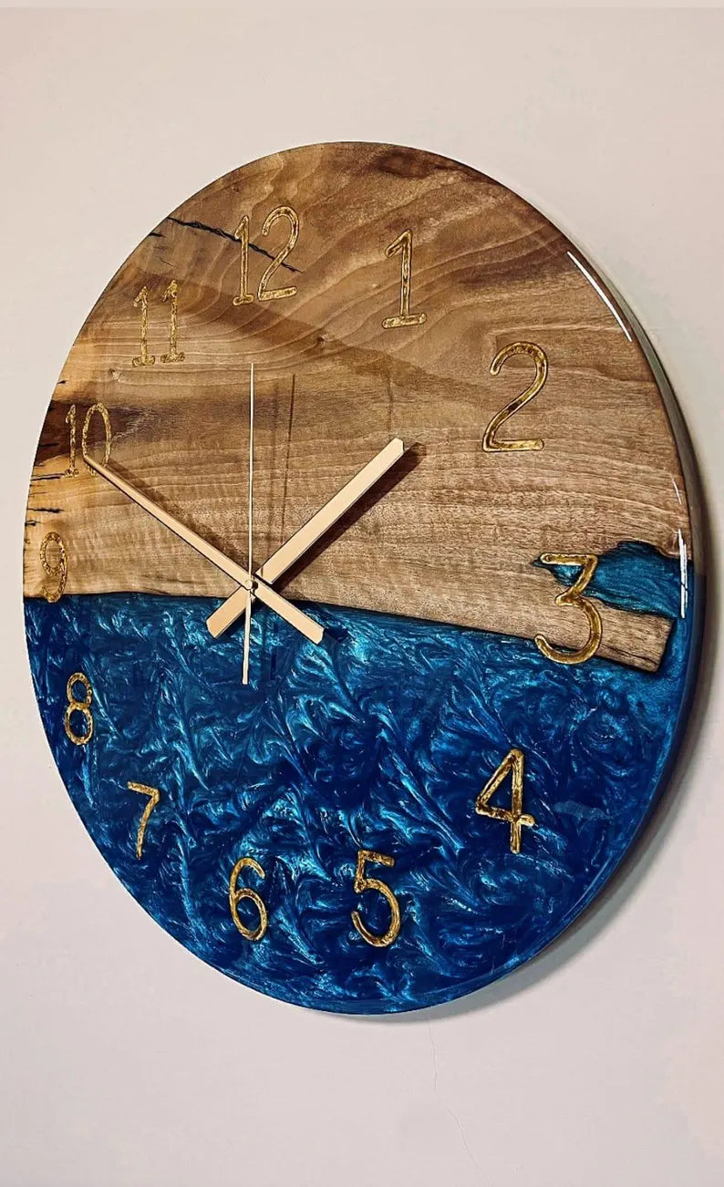 Custom Made Large Epoxy Wall Clock – Natural Sheesham Wood Live Edge Design – Modern Resin Art with Number Markers – Unique Housewarming Gift Decor