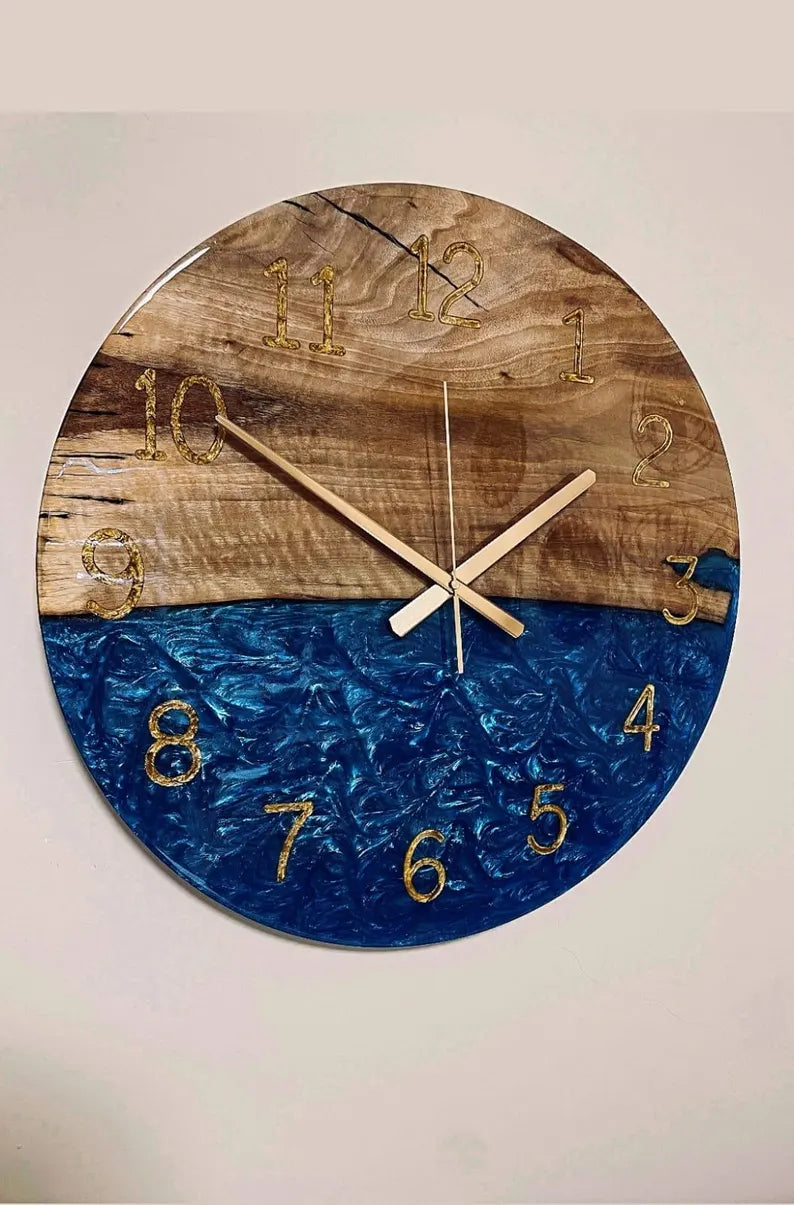 Custom Made Large Epoxy Wall Clock – Natural Sheesham Wood Live Edge Design – Modern Resin Art with Number Markers – Unique Housewarming Gift Decor
