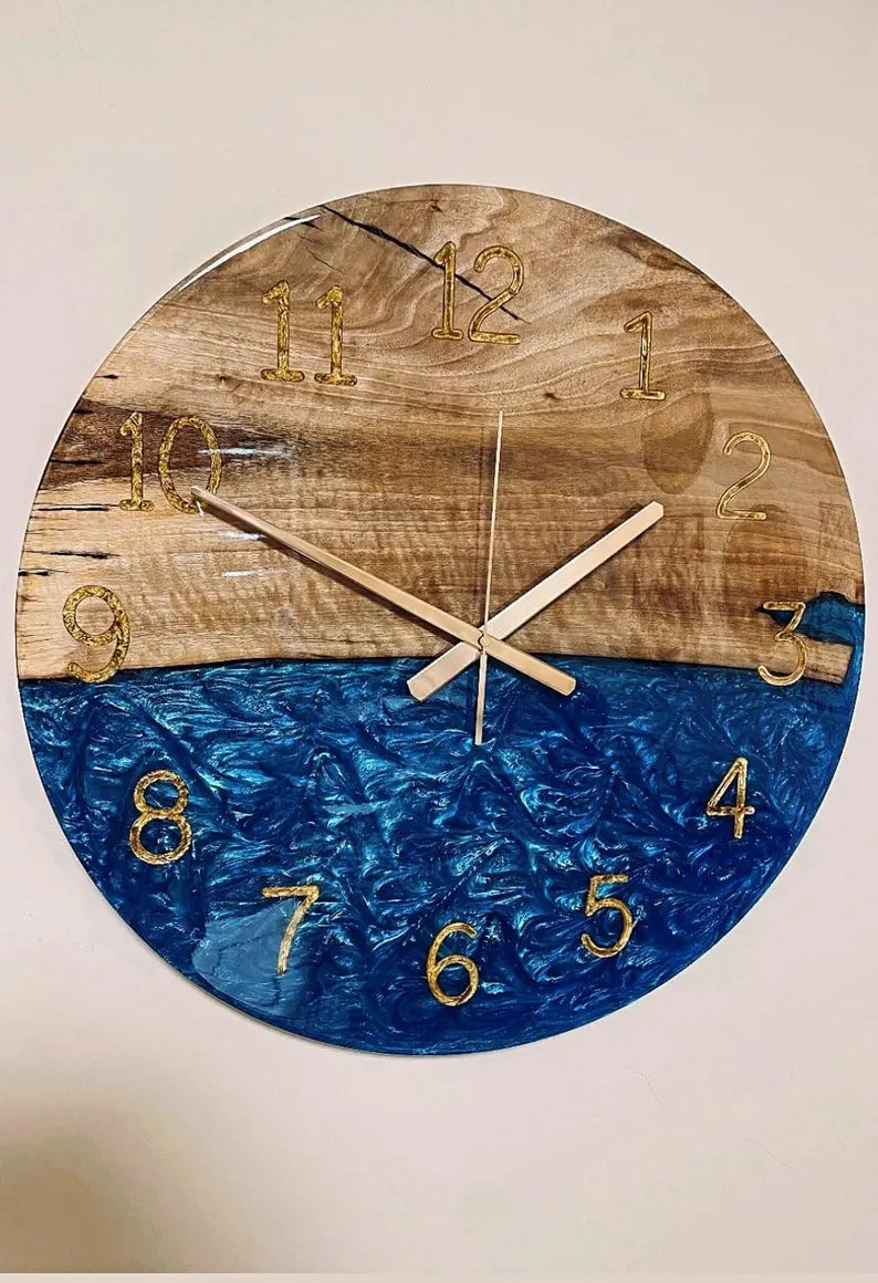 Custom Made Large Epoxy Wall Clock – Natural Sheesham Wood Live Edge Design – Modern Resin Art with Number Markers – Unique Housewarming Gift Decor