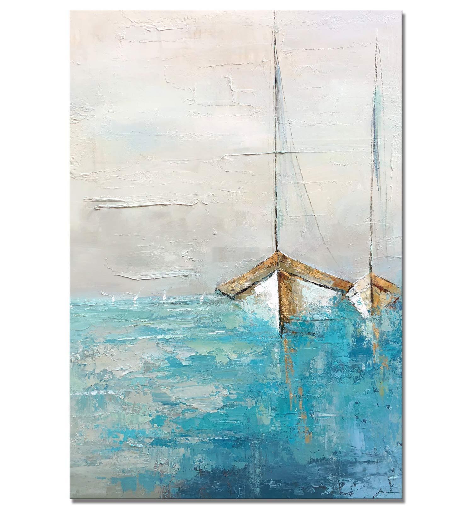 Ocean Canvas Wall Art - Abstract Beach Painting with Textured - Teal Coastal Painting - Sailing Boat Artwork for Living Room Bedroom Decor-Painting-BEESARI