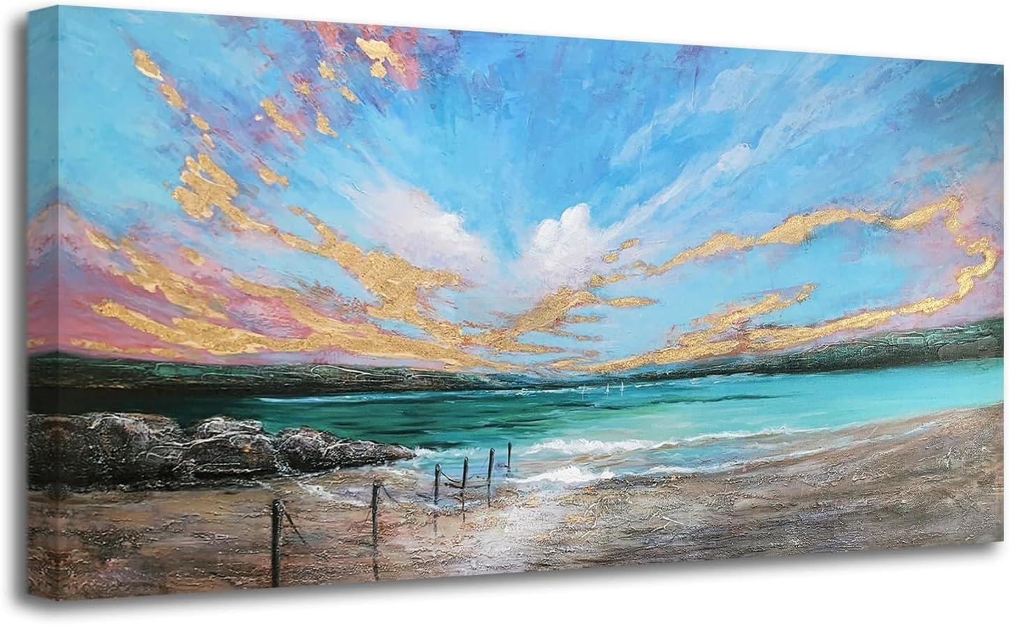 Ocean Teal Wall Art Canvas Coastal Beach Painting Blue Turquoise Landscape Sunset Painting, Panoramic Gold Foil Textured Large Artwork Framed for Living Room Bedroom Bathroom Wall Decor-Painting-BEESARI