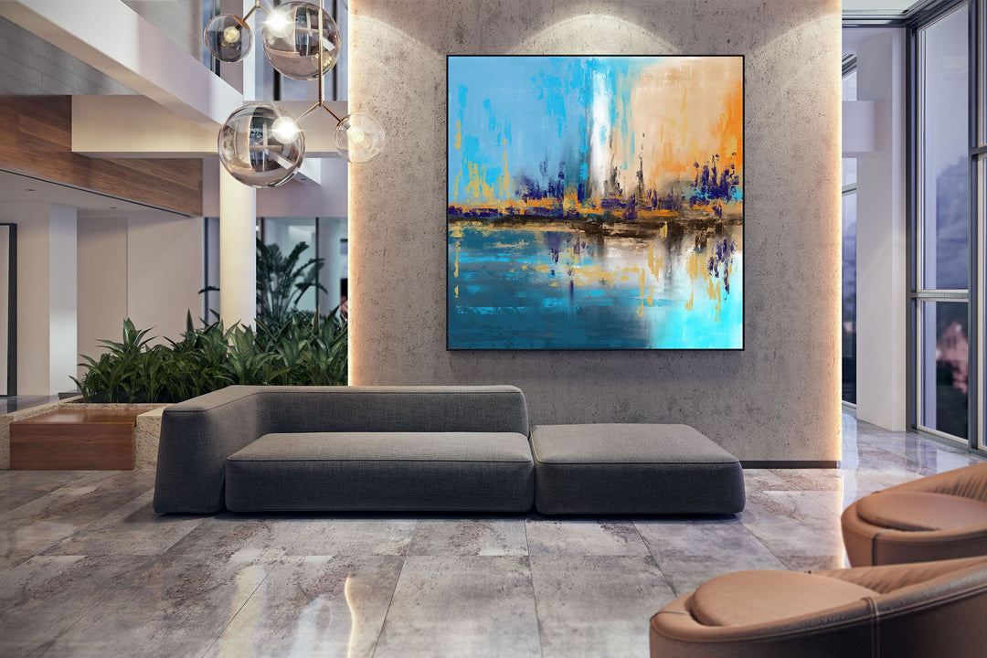 Blue Yellow Beige Palette Knife Artwork Original Abstract Painting